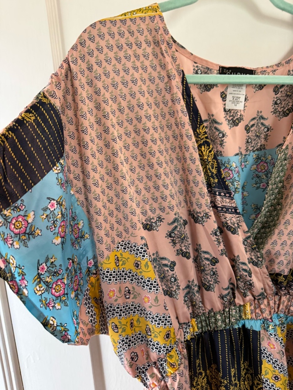 The Curve Like New 1X Boho Patchwork Wrap Dress in Pink, Blue & Yellow - Picture 6 of 6